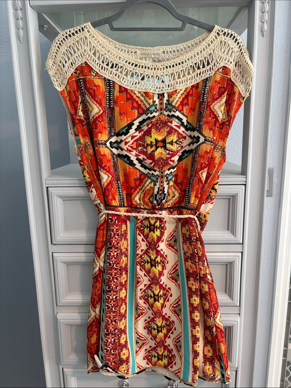 Jealous Tomato Orange & Cream Crochet-Neck Tribal Mini Dress